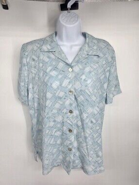 Napa Studio Blue Abstract Geometric Short Sleeve Button Up Blouse Size 10